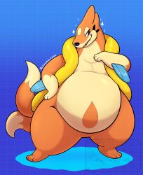  2_tails ambiguous_gender arm_fins featureless_crotch feral fin flotation_sac fur hand_on_hip hi_res multi_tail orange_body orange_fur oreocakes overweight pattern_background pose sharp_teeth simple_background solo sparkles standee standing tail tan_body tan_fur teeth thick_thighs watermark 