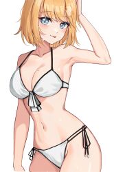  :p alternate_costume arm_up bikini blonde_hair blue_eyes bob_cut breasts chrispy_tuna cleavage commentary cowboy_shot english_commentary female front-tie_bikini_top front-tie_top hair_ornament halterneck hand_on_own_head highres hololive hololive_english large_breasts looking_at_viewer mole mole_on_breast navel short_hair side-tie_bikini_bottom simple_background smile solo standing stomach swimsuit tongue tongue_out virtual_youtuber watson_amelia white_background white_bikini 