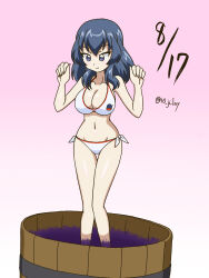  10_ji_lay bikini blue_eyes blue_hair bucket eclair_(girls_und_panzer) food fruit girls_und_panzer girls_und_panzer_gekitou!_maginot-sen_desu!! grape_stomping grapes happy_birthday highres long_hair side-tie_bikini_bottom swimsuit twitter_username white_bikini wooden_bucket 