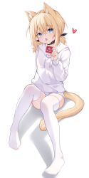  absurdres animal_ears black_collar blonde_hair blue_eyes cat_ears cat_girl cat_tail collar condom durex extra_ears female full_body heart highres holding holding_condom hood hood_down hoodie koe_neko_(wmfj2858) long_sleeves looking_at_viewer medium_hair no_pants original panties simple_background sitting striped_clothes striped_panties tail thighhighs tongue tongue_out underwear white_background white_hoodie white_thighhighs 