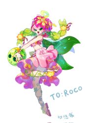  alternate_costume ball bare_shoulders beachball bikini digimon digimon_(creature) fairy_wings female full_body gift_art green_eyes green_wings highres lilimon pink_bikini pink_skirt simple_background skirt solo swimsuit white_background wings youzaiyouzai112 