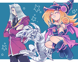  1boy bare_shoulders blonde_hair blue-eyes_toon_dragon blue-eyes_white_dragon blue_eyes blush_stickers boots claws closed_eyes crossed_arms dark_magician_girl dragon duel_monster female frilled_shirt_collar frills grey_hair hair_over_one_eye hat highres holding holding_wand knees_up long_hair neck_ribbon open_mouth pants pegasus_j_crawford pentagram ribbon roku_(suzusuzu65972012) sharp_teeth smile star_(symbol) teeth toon_dark_magician_girl wand yu-gi-oh! yu-gi-oh!_duel_monsters 