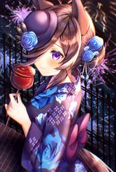  aerial_fireworks animal_ears blue_flower blue_rose brown_hair candy_apple commentary_request female fireworks floral_print flower food hair_bun hair_flower hair_ornament hair_over_one_eye hat hat_flower highres holding holding_food horse_ears horse_girl horse_tail japanese_clothes kimono long_sleeves print_kimono purple_hat purple_kimono railing rice_shower_(umamusume) rose single_hair_bun solo tail tilted_headwear umamusume wide_sleeves xx_momomo_xx yukata 