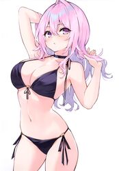  absurdres arm_up bare_shoulders bikini black_bikini blush breasts choker cleavage cu-no earrings female fingernails halterneck hand_up highres hisen_kaede jewelry lips long_hair looking_at_viewer medium_breasts nail_polish navel o-ring o-ring_bikini parted_lips pink_hair pink_nails purple_eyes scan side-tie_bikini_bottom simple_background solo stomach string_bikini swimsuit thighs white_background yayoi_sakura 