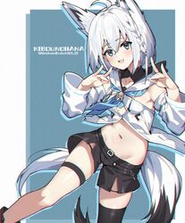  ahoge animal_ears aqua_eyes black_ribbon blush breasts detached_sleeves female fox_ears fox_girl fox_tail hair_between_eyes hololive long_hair low_ponytail midriff multicolored_hair navel ribbon shirakami_fubuki shirakami_fubuki_(1st_costume) shorts sidelocks single_thighhigh solo tail thigh_strap thighhighs two-tone_hair virtual_youtuber white_hair wulazula 