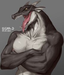  2021 absurd_res anthro biceps black_body black_skin collarbone countershade_face countershade_neck countershade_torso countershading crossed_arms dated digital_media_(artwork) dragon ear_frill frill_(anatomy) gradient_background grey_background half-closed_eyes half-length_portrait hi_res horn kemono male membrane_(anatomy) membranous_frill multicolored_body multicolored_skin mythological_creature mythological_scalie mythology narrowed_eyes nipples open_mouth pecs pink_nipples pink_tongue portrait scalie sharp_teeth sigma-d signature simple_background solo tattoo teeth tongue tongue_out two_tone_body two_tone_skin white_body white_countershading white_horn white_membrane white_skin yellow_eyes 