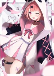  absurdres animal_hood black_collar blurry blurry_background blush border bow bowtie braid buttons collar commentary_request cross-laced_clothes dot_nose eyelashes female garter_straps hair_ornament highres hood hood_up long_sleeves looking_at_viewer lows. mole mole_under_eye nijisanji oerba_yun_fang one_eye_closed open_mouth panda_hood pink_background pink_eyes pink_hair pink_ribbon pink_sailor_collar pleated_skirt red_bow red_bowtie ribbon sailor_collar sasaki_saku sasaki_saku_(6th_costume) school_uniform serafuku shirt short_hair side_braid signature simple_background single_garter_strap skin_fang skirt smile solo virtual_youtuber white_shirt white_skirt wide_sleeves x_hair_ornament 