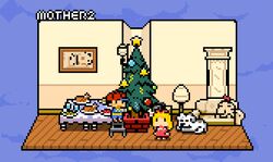  1boy 2girls animated animated blonde_hair canine christmas christmas_ornaments christmas_tree copyright_name doseisan indoors king_(mother_2) ladder mother_(game) mother_2 multiple_girls ness&#039;s_mother pixel_art short_hair table tracy_(mother_2) wanpaku_pixels 