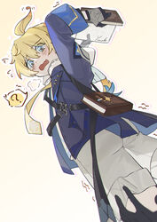  1boy ? absurdres ahoge blonde_hair blue_eyes book commentary genshin_impact gloves grey_shorts hair_between_eyes hand_on_another&#039;s_leg highres holding holding_book hood hoodie male_focus mika_(genshin_impact) necktie open_mouth out_of_frame shorts tears trembling white_hoodie yellow_necktie yonab 