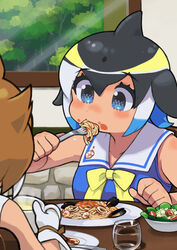  2girls armpit_crease bare_arms bare_shoulders black_hair blue_dress blue_eyes blue_hair bow bowl bowtie brown_ribbon chair cherry_tomato clam clenched_hand collarbone commentary_request common_dolphin_(kemono_friends) cup dhole_(kemono_friends) dorsal_fin dot_nose dress drink drinking_glass eating eyelashes fins food food_in_mouth food_on_face fork from_behind from_side gloves hair_between_eyes hand_up hands_up head_fins highres holding holding_fork indoors kemono_friends kemono_friends_3 lettuce light_brown_hair multicolored_hair multiple_girls noodles pasta plate ribbon rinx sailor_collar sailor_dress salad seafood short_hair shrimp sleeveless sleeveless_dress solo_focus soup spaghetti steam stone_wall table tareme tomato tree upper_body wall water white_gloves white_sailor_collar window yellow_bow yellow_bowtie 