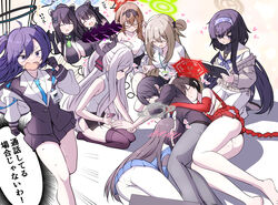  1boy 6+girls :d ^_^ ahoge animal_ear_fluff animal_ears ass bath_yukata belt black_gloves black_hair black_skirt blazer blue_archive blue_necktie blush book breasts brown_hair china_dress chinatsu_(blue_archive) chinatsu_(hot_spring)_(blue_archive) chinese_clothes cleavage closed_eyes collarbone collared_shirt commentary_request demon_girl demon_horns dress elbow_gloves fake_animal_ears glasses gloves hair_between_eyes hair_bun hair_ribbon hairband halo heart highres hina_(blue_archive) holding holding_book horns hug hug_from_behind jacket japanese_clothes jewelry kimono long_hair long_sleeves looking_at_another low_twintails lying mechanical_halo miyu_(blue_archive) multiple_girls nail_clippers necklace necktie nervous_sweating nonomi_(blue_archive) official_alternate_costume on_side pantyhose parted_bangs pencil_skirt pendant pleated_skirt pointy_ears ponytail purple_eyes purple_hair rabbit_ears raccoon_ears raccoon_girl reading red_halo ribbed_sweater ribbon rope running school_uniform seiza sensei_(blue_archive) serafuku shimenawa shirt short_hair shun_(blue_archive) shun_(small)_(blue_archive) side_slit sidelocks simple_background single_side_bun sitting skirt sleeping sleeveless smile sweat sweater thought_bubble tiger_ears tiger_girl tonomiya68 translation_request triangle_hair_ornament tsubaki_(blue_archive) turtleneck turtleneck_sweater twintails two_side_up ui_(blue_archive) waving wavy_hair white_hair white_pantyhose wind yukata yuuka_(blue_archive) 