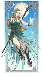  absurdres armlet bare_shoulders blonde_hair bracelet breasts bug butterfly cleavage commentary crystal_earrings dinelind_(drill_(emilio)) dress drill_(emilio) earrings elf eyes_visible_through_hair female forehead full_body gladiator_sandals green_dress green_eyes highres jewelry large_breasts long_hair looking_at_viewer original pointy_ears sandals solo staff tarot tarot_(medium) toeless_footwear 