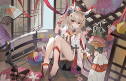  absurdres ass ayanami_(azur_lane) ayanami_(pulse_of_the_new_year)_(azur_lane) azur_lane bamboo barefoot bird bracelet chick commentary_request detached_sleeves feet female fox_mask fox_statue fur_scarf grey_hair hair_between_eyes hair_ornament hairclip headgear highres indoors japanese_clothes jewelry katana kele_mimi knees_up legs long_hair long_sleeves looking_at_viewer manjuu_(azur_lane) mask mask_on_head new_year official_alternate_costume orange_eyes panties pantyshot parted_lips ponytail retrofit_(azur_lane) sandals sidelocks sitting soles sword tatami toenails toes underwear weapon wide_sleeves 