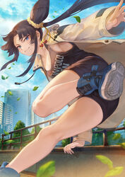  asymmetrical_hair bare_legs black_hair black_shorts black_tank_top blue_eyes blue_footwear blue_sky breasts building city closed_mouth clothes_writing commentary contemporary day drawstring fate/grand_order fate_(series) female foreshortening from_below hair_bun highres jacket jumping leaf legs long_hair long_sleeves looking_at_viewer mashuu_(neko_no_oyashiro) medium_breasts no_socks open_clothes open_jacket outdoors outstretched_arm parkour parted_bangs scrunchie shoe_soles shoes shorts side_ponytail sidelocks single_side_bun sky skyscraper sleeves_past_wrists smile smirk sneakers solo tank_top tree ushiwakamaru_(fate) very_long_hair yellow_jacket 