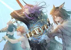  4girls animal_ears armor astrologian_(final_fantasy) au_ra black_gloves black_hair brown_eyes brown_hair card cat_ears dark_knight_(final_fantasy) dragon_horns elezen elf facial_mark final_fantasy final_fantasy_xiv glasses gloves hat holding holding_card horns long_hair miqo&#039;te multiple_girls nashoki open_mouth pointy_ears purple_hair scales short_hair shoulder_armor warrior_of_light_(ff14) whisker_markings yellow_eyes 