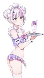  adapted_costume alternate_costume alternate_hairstyle ass bikini closed_mouth commentary_request detached_sleeves double_bun drinking_straw female from_side green_eyes grey_hair hair_bun highres holding holding_tray hololive light_purple_hair looking_at_viewer maid maid_bikini maid_headdress monon_tulle multicolored_hair murasaki_shion murasaki_shion_(magical_girl_maid) official_alternate_costume parfait puffy_short_sleeves puffy_sleeves purple_hair short_hair short_sleeves simple_background smile solo standing streaked_hair swimsuit thighhighs tray unconventional_maid virtual_youtuber white_background white_thighhighs wristband 