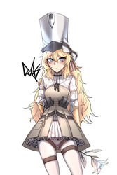  absurdres arms_behind_back artist_name blonde_hair blush breasts brown_dress closed_mouth commission dogs_(dlrkdejr26) dress feet_out_of_frame female flower girls&#039;_frontline grey_eyes gun hair_ribbon handgun hat highres holding holding_flower kolibri kolibri_(girls&#039;_frontline) korean_commentary long_hair long_sleeves looking_at_viewer pantyhose ribbon small_breasts solo standing weapon white_background white_hat white_pantyhose 