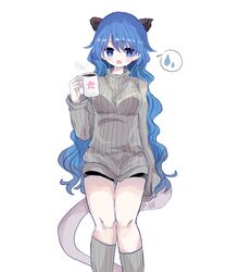  alternate_costume animal_ears bad_id bad_twitter_id black_shorts blue_eyes blue_hair blush breasts chestnut_mouth coffee cup doremy_sweet drink feet_out_of_frame female floral_print grey_socks highres holding holding_cup hot_drink kneehighs knees_together_feet_apart long_hair long_sleeves looking_down medium_breasts no_headwear short_shorts shorts simple_background sleeves_past_wrists socks solo spoken_sweatdrop sweatdrop sweater tail tapir_ears tapir_tail touhou turtleneck turtleneck_sweater very_long_hair wavy_hair white_background zabuton_(mgdw5574) 