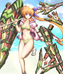  alternate_weapon beach bikini blue_sky breasts cleavage cloud cloudy_sky commentary_request criss-cross_halter day female fortress_(nanoha) green_bikini hair_ribbon halterneck highres hood hood_down hoodie horizon itutooki_kousin leg_up looking_at_viewer lyrical_nanoha mahou_senki_lyrical_nanoha_force mahou_shoujo_lyrical_nanoha_detonation mahou_shoujo_lyrical_nanoha_strikers medium_hair navel no_pants ocean open_clothes open_hoodie open_mouth orange_hair outdoors partial_commentary pink_hoodie purple_eyes purple_ribbon raising_heart raising_heart_(blaster_bit) raising_heart_estrea ribbon sandals scrunchie side_ponytail sky solo standing standing_on_one_leg strike_cannon swimsuit takamachi_nanoha translated weapon white_footwear wrist_scrunchie 