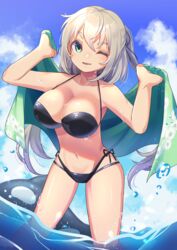  bikini black_bikini blue_sky breasts cleavage cloud commentary_request day female green_eyes highres inflatable_toy inflatable_whale layered_bikini looking_at_viewer one_eye_closed orca original outdoors ryofuhiko short_hair sky solo swimsuit towel water white_hair 