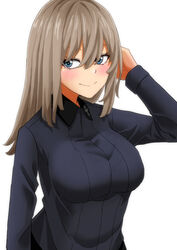  blue_eyes blush closed_mouth commentary dress_shirt female girls_und_panzer grey_hair grey_shirt hand_in_own_hair highres insignia itsumi_erika kuromorimine_school_uniform long_sleeves looking_at_viewer medium_hair natsume_mina school_uniform shirt simple_background smile solo upper_body white_background wing_collar 