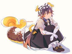  1boy alternate_costume black_dress brown_hair commentary_request cosplay crossdressing crossed_arms dragon_boy dragon_horns dragon_tail dress elbow_gloves enmaided frilled_dress frills full_body genshin_impact gloves gradient_hair horns knees_up kobayashi-san_chi_no_maidragon long_hair looking_at_viewer maid maid_headdress male_focus multicolored_hair necktie orange_eyes orange_hair pout shadow short_sleeves simple_background solo tail tohru_(maidragon) tohru_(maidragon)_(cosplay) treetree233 twitter_username white_background white_gloves white_necktie zhongli_(genshin_impact) 