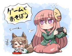  &gt;_&lt; +++ 2girls animal_ears aqua_shirt blush closed_mouth collared_shirt commentary controller flying_sweatdrops fox_ears fox_girl fox_tail game_controller green_ribbons hair_between_eyes hata_no_kokoro holding holding_controller holding_game_controller ko~n kudamaki_tsukasa light_brown_hair long_hair long_sleeves mask mask_on_head multiple_girls open_mouth pink_eyes pink_hair pink_skirt plaid plaid_shirt playing_games ribbon rokugou_daisuke romper shirt short_hair short_sleeves signature skirt smile speech_bubble tail touhou translated white_romper 