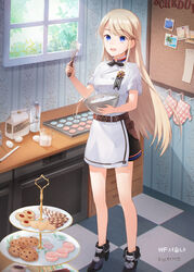  ankle_boots artist_name baking black_bow black_footwear blonde_hair blue_eyes boots bottle bow bread_knife bulletin_board checkerboard_cookie chef chocolate_chip_cookie commission cookie cream day egg female flour food high_heel_boots high_heels highres indoors korean_commentary mabinogi macaron measuring_cup milk mixing_bowl original oven oven_mitts photo_(object) photoshop_(medium) player_character_(mabinogi) sandwich short_sleeves skirt solo standing tagatsu thumbprint_cookie tiered_tray tile_floor tiles wafer_stick whisk white_skirt window 