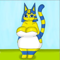  2020 animal_crossing ankha_(animal_crossing) anthro big_breasts blue_hair breasts chibi clothed clothing demongirl_demoness digital_drawing_(artwork) digital_media_(artwork) domestic_cat dress egyptian felid feline felis female fur hair mammal multicolored_body multicolored_fur nintendo solo wide_hips 