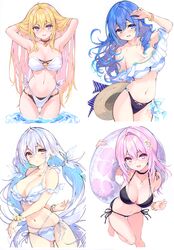  4girls absurdres armpits bare_shoulders bikini blonde_hair blue_eyes blue_hair blush bracelet breasts choker cleavage collarbone cu-no earrings flower hair_flower hair_ornament hairclip hakurei_botan halterneck hat highres hisen_kaede holding innertube jewelry kohitsuji_ai leg_up long_hair looking_at_viewer medium_breasts multiple_girls navel necklace open_mouth pink_hair purple_eyes rapua_qive scan side-tie_bikini_bottom simple_background smile stomach string_bikini swim_ring swimsuit thighs tied_hair white_background yayoi_sakura yellow_eyes 