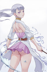  ass backless_dress backless_outfit black_clover commentary dress earrings female from_behind grey_hair highres hydrokinesis jewelry long_hair looking_at_viewer looking_back noelle_silva purple_eyes solo twintails wand water white_background zefrableu 