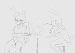  agidyne annoyed anthro bedroom_eyes beverage blush cousins_(lore) duo female hand_on_face hi_res lagomorph leporid looking_away male male/female mammal monochrome narrowed_eyes rabbit rose_(agidyne) seductive sharing_drink shoulderless_shirt simple_background smoothie stephen_(agidyne) 