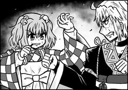  1boy ahoge blood enokuma_uuta female fighting fighting_stance glasses greyscale japanese_clothes looking_at_another monochrome morichika_rinnosuke motoori_kosuzu touhou 