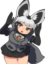  :d animal_ear_fluff animal_ears arms_up bat-eared_fox_(kemono_friends) black_bow black_gloves black_hair black_skirt blazer blush_stickers bow bowtie breast_pocket brown_hair cowboy_shot dot_nose elbow_gloves extra_ears female fox_ears fox_girl fox_tail fur-trimmed_sleeves fur_trim furrowed_brow gloves grey_bow grey_bowtie grey_hair grey_jacket highres jacket kemono_friends leaning_forward leaning_to_the_side looking_at_viewer miniskirt multicolored_hair open_mouth pleated_skirt pocket rabbit_pose rinx short_hair short_sleeves simple_background skirt smile solo standing tail thigh_gap tsurime white_background 