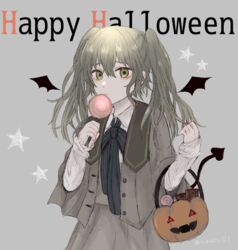  1boy akitama2727 candy chocolate closed_mouth crossdressing demon_tail demon_wings food green_eyes green_hair grey_background grey_jacket grey_skirt hair_between_eyes halloween halloween_bucket happy_halloween holding holding_candy holding_food holding_lollipop jacket lollipop long_hair long_sleeves looking_at_viewer male_focus otoko_no_ko pinocchio_(sinoalice) shirt simple_background sinoalice skirt solo star_(symbol) tail twintails white_shirt wings 