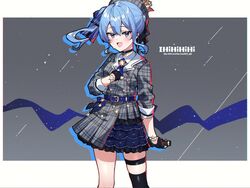  ascot asymmetrical_legwear belt beret black_gloves black_thighhighs blue_ascot blue_belt blue_bow blue_choker blue_eyes blue_hair blue_ribbon bow bow_skirt choker collared_shirt crown female gloves grey_hat grey_jacket grey_skirt hair_between_eyes hair_ribbon hat hololive hoshimachi_suisei hoshimachi_suisei_(1st_costume) jacket jewelry kneehighs long_hair long_sleeves medium_hair mismatched_legwear open_mouth partially_fingerless_gloves pendant plaid plaid_headwear plaid_jacket plaid_skirt ribbon shirt shooting_star side_ponytail sidelocks single_kneehigh single_sock single_thighhigh skirt skirt_set socks solo star_(symbol) star_bracelet star_choker thigh_strap thighhighs uneven_legwear virtual_youtuber wulazula 