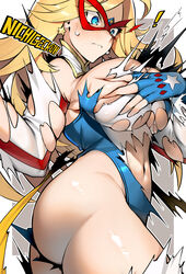  american_flag american_flag_print ass bare_shoulders blonde_hair blue_eyes blush breasts cleavage closed_mouth collar constricted_pupils covering_breasts covering_privates cowboy_shot curvy deep_skin earrings embarrassed eye_mask female fingerless_gloves flag_print forehead from_below gloves grabbing grabbing_own_breast highres huge_breasts jewelry kamen_america kamen_america_(comic) leotard long_hair looking_at_breasts narrowed_eyes navel nichigeckoh solo star_(symbol) star_earrings surprised sweatdrop torn_clothes underboob unlikely_accident wardrobe_malfunction 