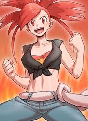  :d black_shirt blue_pants blush breasts clenched_hands collarbone commentary cowboy_shot crop_top female flannery_(pokemon) long_hair looking_at_viewer md5_mismatch medium_breasts midriff navel nutkingcall open_mouth outline pants pokemon pokemon_oras ponytail red_background red_eyes red_hair shirt sleeveless sleeveless_shirt smile solo standing strapless swept_bangs teeth tied_shirt towel tube_top upper_teeth_only w_arms 