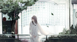  absurdres brown_hair building closed_eyes closed_mouth dress female fingernails highres incredibly_absurdres light_blush long_hair maeda_mic original outdoors plant potted_plant railing red_nails sitting smile solo tree white_dress white_theme 