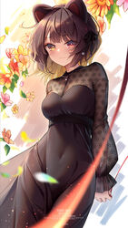  animal_ears artist_name black_dress black_hair blonde_hair blush breasts character_name cleavage closed_mouth covered_navel cowboy_shot dated dog_ears dress female flower gradient_hair heterochromia highres inui_toko inui_toko_(5th_costume) jewelry kuro-kun_(nablack) long_sleeves looking_at_viewer medium_breasts multicolored_hair necklace nijisanji official_alternate_costume official_alternate_hair_length official_alternate_hairstyle red_eyes red_flower school_uniform see-through see-through_cleavage short_hair smile solo virtual_youtuber yellow_eyes yellow_flower 