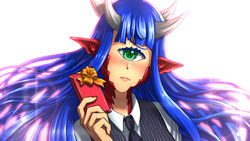  backlighting blue_hair blush cacodemon commentary cyclops doom_(series) female green_eyes highres horns lens_flare long_hair looking_at_viewer monster_girl multiple_horns nail_polish one-eyed personification pointy_ears portrait red_nails scales simple_background solo substance20 symbol-only_commentary valentine white_background 