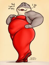  2023 3:4 anthro belly big_belly clenched_teeth clothed clothing crossdressing dialogue dreamworks dress fangs fish footwear hand_on_hip hi_res lipstick looking_at_viewer makeup male marine moob_cleavage moobs mr._shark_(the_bad_guys) obese obese_anthro obese_male overweight overweight_anthro overweight_male oystercatcher7 pose raised_leg red_clothing red_dress red_footwear red_shoes scales shark shoes signature smile smiling_at_viewer solo standing talking_to_viewer teeth text the_bad_guys 