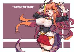  :d ahoge blonde_hair blush braid breasts cleavage dragon_girl dragon_horns female hairband hololive horns huge_breasts kiryu_coco kiryu_coco_(1st_costume) long_hair long_sleeves looking_at_viewer open_mouth orange_hair pointy_ears red_eyes side_braid skirt smile solo tail very_long_hair virtual_youtuber wulazula 