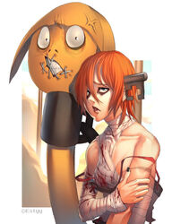  a.b.a bandages blood blood_on_clothes blue_eyes female guilty_gear guilty_gear_xx key key_in_head looking_at_viewer object_through_head orange_hair paracelsus_(guilty_gear) red_hair short_hair stitched_mouth stitches 