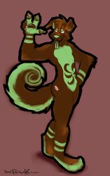  anthro arm_tuft brown_body brown_claws brown_ears brown_eyes brown_fur brown_pawpads brown_tail canid canine canis cheek_tuft claws curled_tail domestic_dog elbow_tuft facial_tuft floppy_ears fur green_body green_eyes green_fur green_nose green_pawpads green_stripes green_tail green_tongue grey_nose head_tuft hi_res male mammal multicolored_body multicolored_eyes multicolored_fur multicolored_pawpads pawpads pose red_background signature simple_background solo standing striped_arms striped_legs stripes tail tongue tuft two_tone_body two_tone_eyes two_tone_fur two_tone_pawpads yaoifairy 