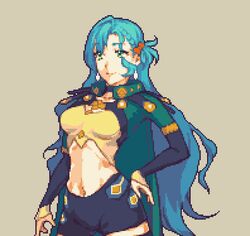  alternate_costume aqua_hair black_pants bow breasts chloe_(fire_emblem) commentary cowboy_shot crop_top earrings female fire_emblem fire_emblem_engage glaceo green_eyes grey_background hairbow hand_on_own_hip jewelry leggings long_hair long_sleeves medium_breasts midriff navel orange_bow pants pixel_art sage_outfit_(fire_emblem_engage) simple_background smile solo standing stomach very_long_hair 