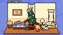  1boy 2girls blonde_hair canine christmas christmas_ornaments christmas_tree copyright_name doseisan highres indoors king_(mother_2) ladder mother_(game) mother_2 multiple_girls ness&#039;s_mother ness_(mother_2) pixel_art short_hair table tracy_(mother_2) wanpaku_pixels 