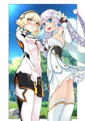  2girls :d antenna_hair bare_shoulders black_gloves blonde_hair blue_eyes blue_sky blush border braid breasts cando cleavage clothes_lift cloud cloudy_sky company_connection cosplay costume_switch crossover dress elbow_gloves embarrassed fingerless_gloves flower gauntlets genshin_impact gloves gun hair_between_eyes hair_flower hair_ornament handgun highres holding holding_gun holding_weapon honkai_(series) honkai_impact_3rd kiana_kaslana kiana_kaslana_(white_comet) kiana_kaslana_(white_comet)_(cosplay) korean_commentary long_hair long_sleeves looking_ahead lumine_(genshin_impact) lumine_(genshin_impact)_(cosplay) mihoyo multiple_girls open_mouth outdoors panties skirt skirt_lift sky smile teeth thighhighs tree twin_braids underwear weapon white_dress white_flower white_hair white_legwear white_panties worried yellow_eyes 