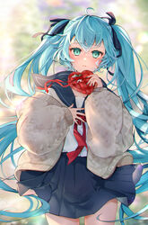  ahoge black_bow black_sailor_collar black_skirt blue_hair blurry blurry_background bow box brown_jacket commentary cowboy_shot depth_of_field female gift gift_box green_eyes hair_between_eyes hairbow hatsune_miku heart-shaped_box highres holding holding_gift jacket kyashii_(a3yu9mi) long_hair long_sleeves looking_at_viewer open_clothes open_jacket parted_lips plaid pleated_skirt puffy_long_sleeves puffy_sleeves red_bow sailor_collar school_uniform serafuku shirt skirt sleeves_past_wrists solo twintails very_long_hair vocaloid white_shirt 