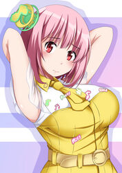  belt breasts commentary female hair_ornament highres kamen_rider kamen_rider_ex-aid_(series) looking_at_viewer musical_note necktie pandacross pink_hair poppi_pipopapo red_eyes short_hair solo 